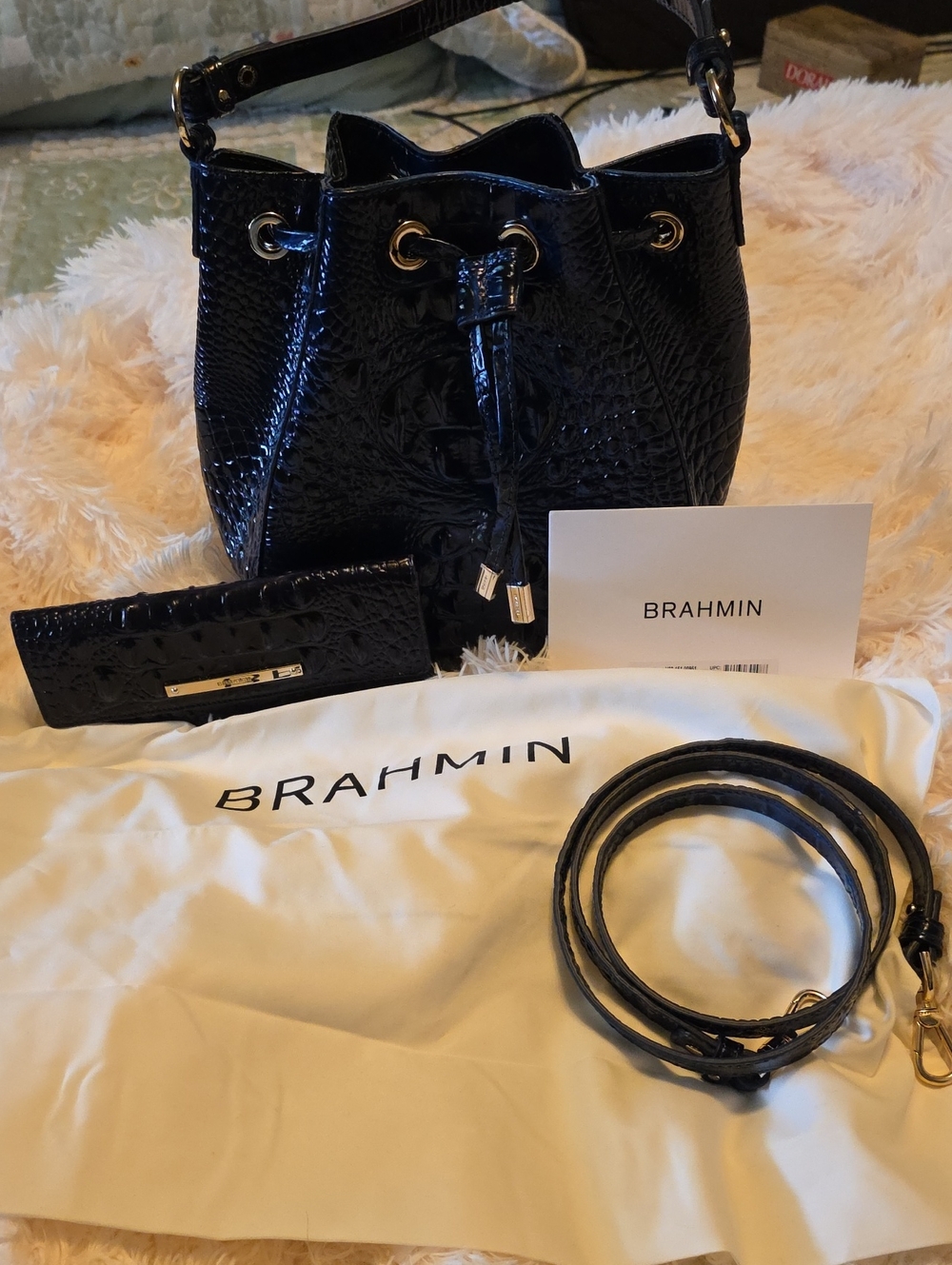 Brahmin Black And Navy Croc-Embossed Leather Drawstring Bucket Bag And WalletNWT